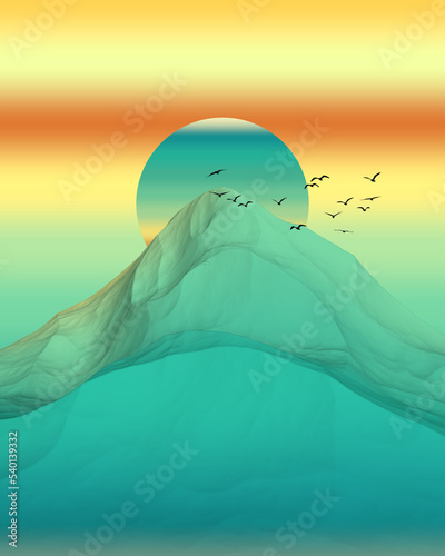 Minimal Mountains Artwork,Sunset.3D Rendering