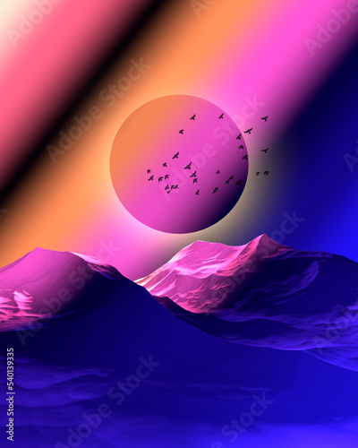 Minimal Mountains Artwork,Sunset.3D Rendering