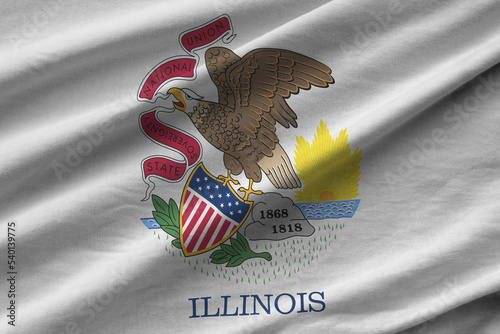 Illinois US state flag with big folds waving close up under the studio light indoors. The official symbols and colors in banner photo