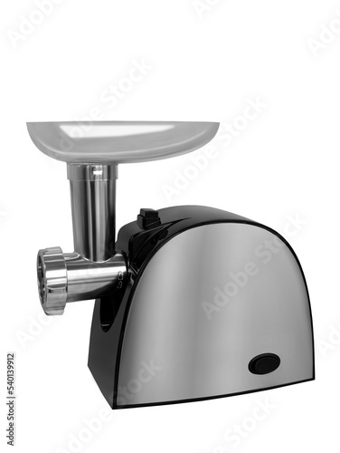 Stainless steel meat grinder insulated on a white background. Preparation of minced meat. Electric meat grinder. appliances
