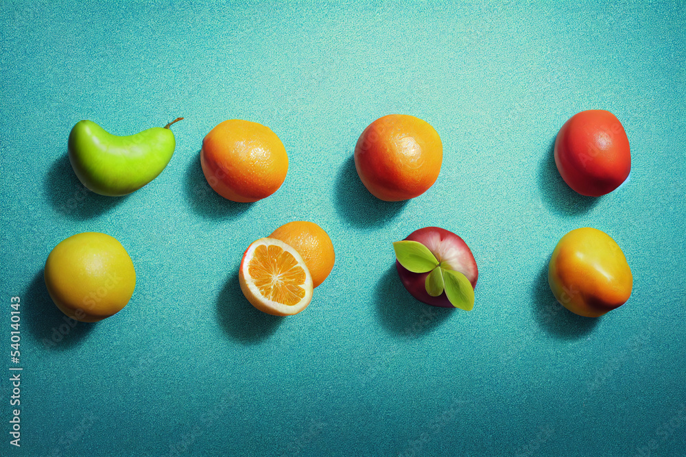Fruits composition on blue background. Fruits on the surface. Image with fruit for creativity and advertising.