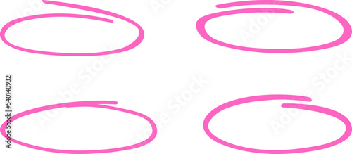 Pink circle, pen draw set. Highlight hand drawing different circles isolated on background. Handwritten pink circle. For marking text, numbers, marker pen, pencil and text check, vector illustration