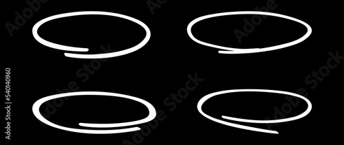 White circle, pen draw set. Highlight hand drawing different circles isolated on background. Handwritten white circle. For marking text, numbers, marker pen, pencil and text check, vector illustration