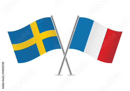 Sweden and France crossed flags. Swedish and French flags, isolated on white background. Vector icon set. Vector illustration.