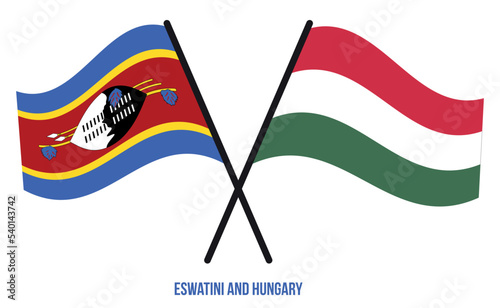 Eswatini and Hungary Flags Crossed And Waving Flat Style. Official Proportion. Correct Colors.