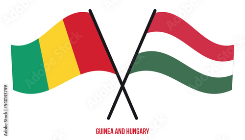 Guinea and Hungary Flags Crossed And Waving Flat Style. Official Proportion. Correct Colors.