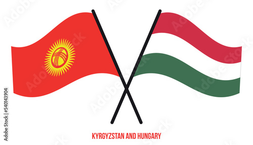 Kyrgyzstan and Hungary Flags Crossed And Waving Flat Style. Official Proportion. Correct Colors.