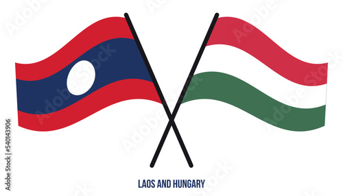 Laos and Hungary Flags Crossed And Waving Flat Style. Official Proportion. Correct Colors.