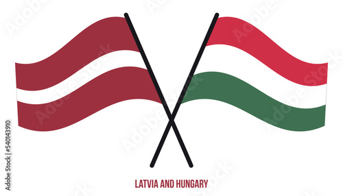 Latvia and Hungary Flags Crossed And Waving Flat Style. Official Proportion. Correct Colors.