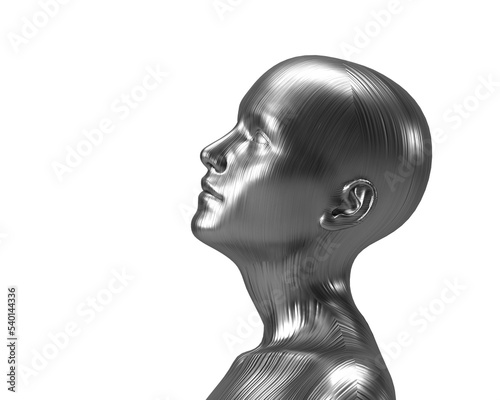 3d illustration of a female bald silver head on a white background. Metal mannequin.