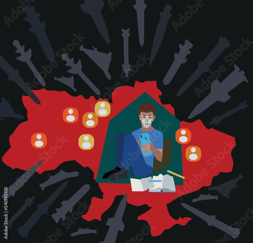 Distance learning in Ukraine during the war. School student studying online during air raids under bombardment