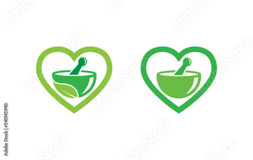 Mortar and Pestle with Heart symbol Logo Concept sign icon Element Design. Health Care, Herbal Medicine, Pharmacy Logotype. Vector illustration template