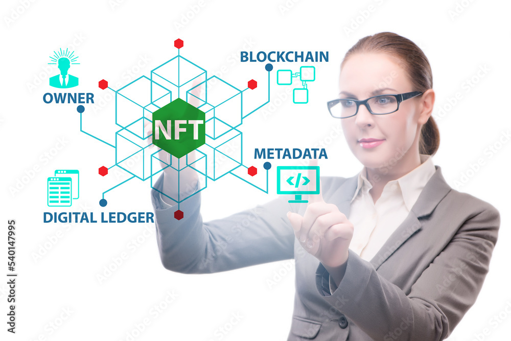 Businesswoman in NFT non fungible concept Businesswoman in NFT non fungible concept