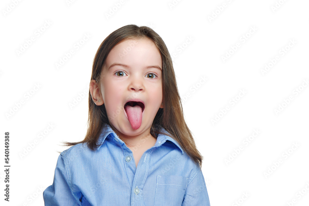 Brunette little girl put out her tongue against white background Brunette little girl put out her tongue against white background