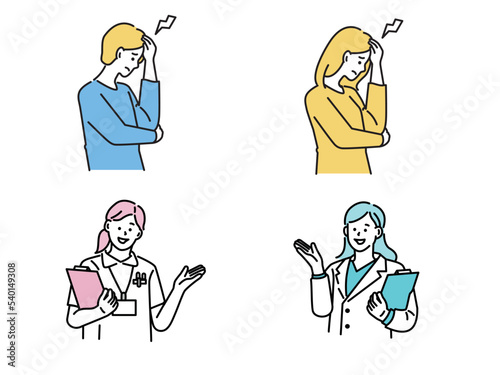 病院の受診(医療、医者、アドバイス、サポート、頭痛、処方箋、若者) Hospital consultation. Medical, doctor, advice, support, headache, prescription, youth.