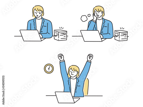忙しい、残業、仕事終わりのイラスト(多忙、ストレス、就業時間) Illustration of busy, overtime, and the end of work.Busy, stressed, working hours.