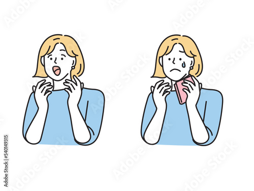 驚く、泣くイラスト(感動、びっくり、驚愕、ショック) Surprised, crying illustration. Impressed, surprised, shocked.