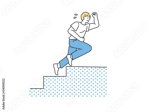 階段を登るイラスト(向上心、急ぐ、走る、飛躍、努力) Illustration of climbing stairs: ambition, haste, running, leaping, effort.