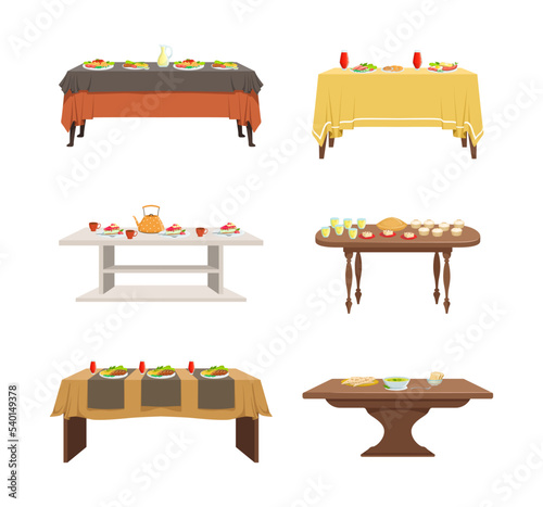 Tables Covered with Tablecloth and Served with Food Vector Set