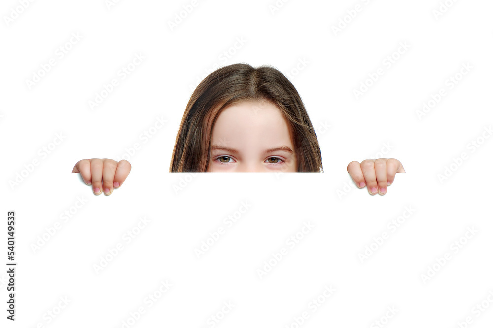 Preschool girl hiding behind the blank board Preschool girl hiding behind the blank board