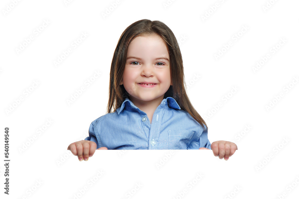 Pretty little girl holding the blank board in hands Pretty little girl holding the blank board in hands