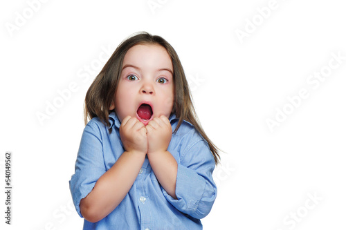 Scared brunette little girl against white background