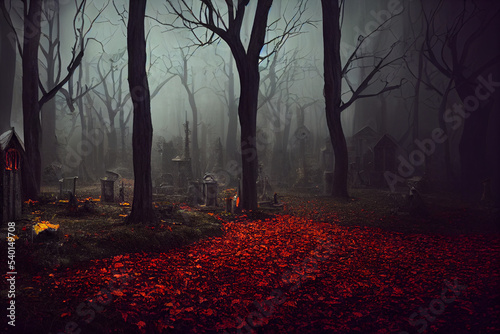 Horror Autumn Abandoned Overgrown Graveyard at night  foggy forest  horror illustration  cemetery