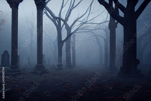 Scary Abandoned Overgrown Graveyard at night, foggy forest, scary landscape, horror illustration, scary illustration