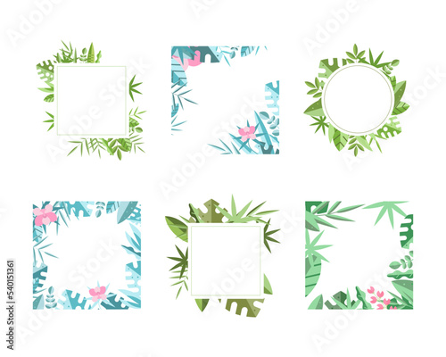 Square Frames with Green Leaves Around Border Vector Set