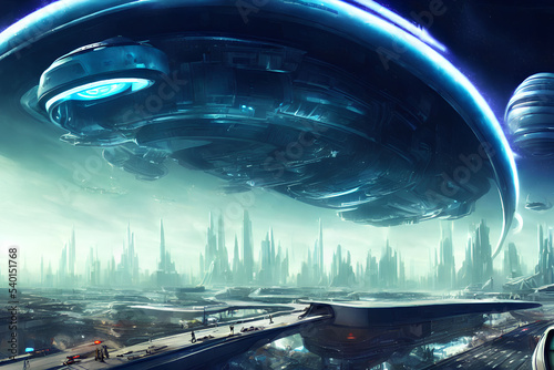 Obraz na plátně Futuristic cyber city, digital concept art with mothership galactic hub