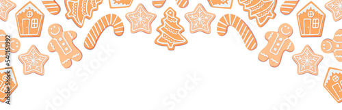 Horizontal banner of Christmas sugar cookies with white icing on transparent background. xmas tree, star snowflake, candy cone, gingerbread house man. header, newsletter, poster, graphic illustration