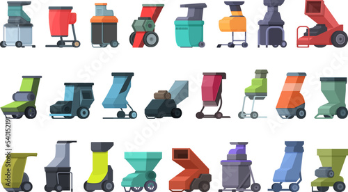 Garden shredder icons set cartoon vector. Wood tree. Work technology