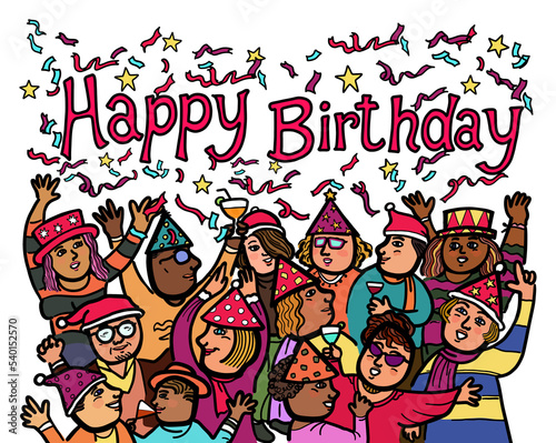 Group of crowd of diversity of people celebrate birthday party together. Cartoon drawing on white background.