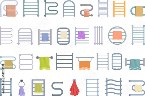Towel dryer icons set cartoon vector. Spa house. Wall interior
