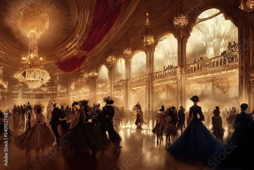 Fototapeta Historical recreation painting of medieval costume ball inside grand palace
