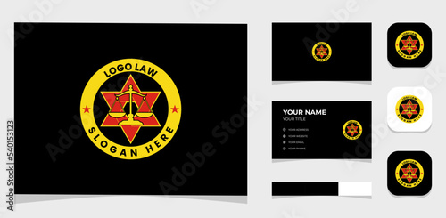 Template Logo Creative Law, pentagram, justice concept. Creative Template with color pallet, visual branding, business card and icon.