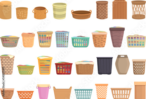 Laundry basket icons set cartoon vector. Clothes laundry. Dirty pile