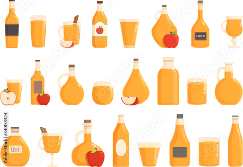 Print op canvas Apple cider icons set cartoon vector. Splash beer. Fruit drink