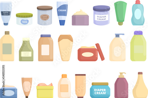 Diaper cream icons set cartoon vector. Children health. Infection chemical