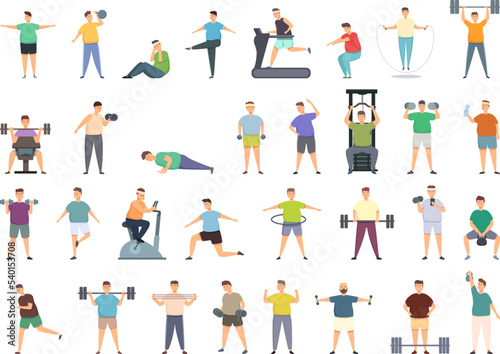 Fat man in the gym icons set cartoon vector. Exercise obese. Sport diet