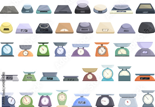 Kitchen scales icons set cartoon vector. Food balance. Scale product
