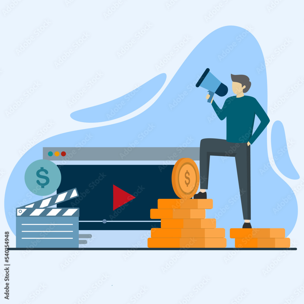 Men make money online from videos. a successful content creator monetizing videos. Video monetization concept, earn money on internet, earn online. Flat vector illustration for web UI design Men make money online from videos. a successful content creator monetizing videos. Video monetization concept, earn money on internet, earn online. Flat vector illustration for web UI design