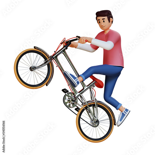 Young man riding a bicycle while freestyle 3d character illustration