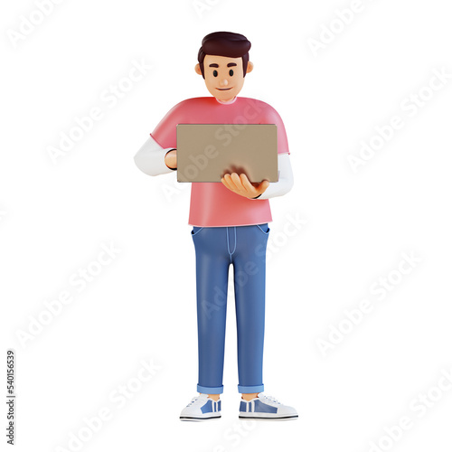 Young man using a laptop 3d character illustration
