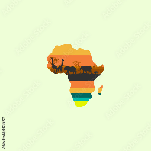 African wildlife, world continent.  Vector illustration in flat design.  African mainland map with silhouettes of nature, elephant, giraffe, wild animals.  Tourism and travel theme