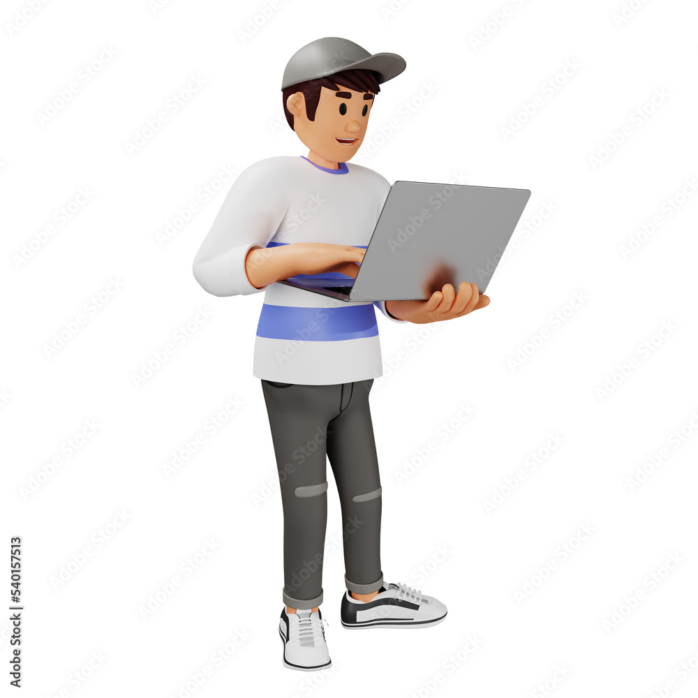 Young man in hat walking with laptop 3d character illustration
