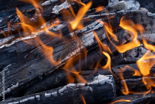 Burning logs and boards in the fire