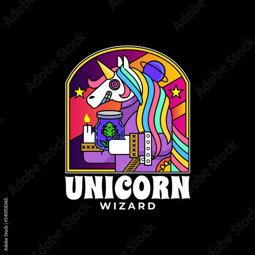 illustration of psychedelic unicorn wizard badge