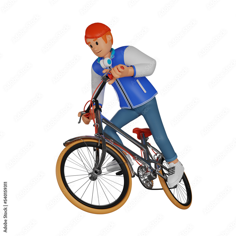 Young man red haired riding a bicycle 3d character illustration Young man red haired riding a bicycle 3d character illustration