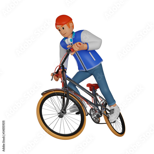Young man red haired riding a bicycle 3d character illustration